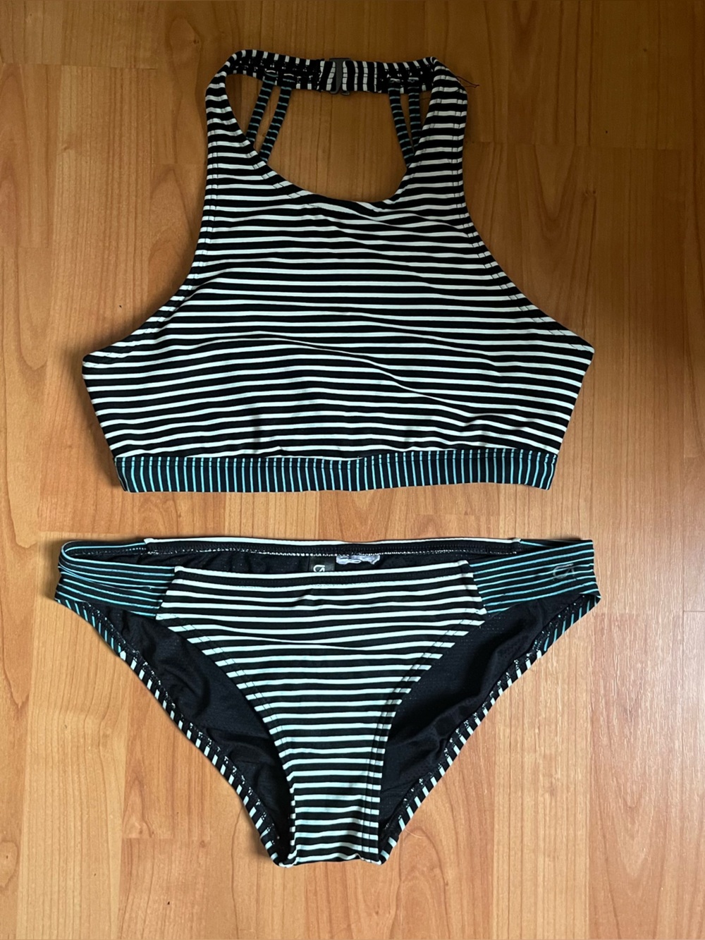 2/$20 GAP Black & White Striped High-Neck Bikini with Teal Trim